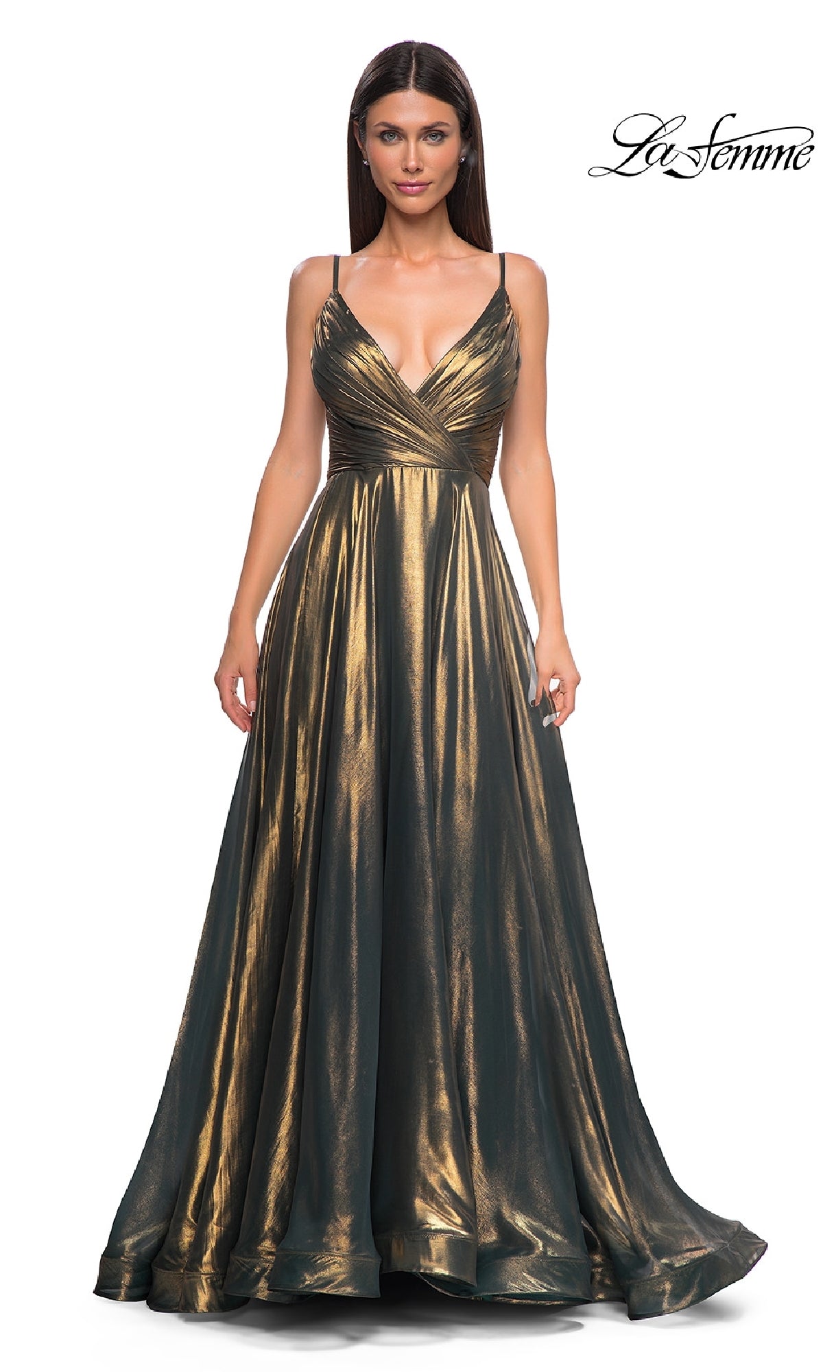 A woman wears the La Femme 32864 long metallic chiffon prom dress in gold and black, featuring a deep V-neck, spaghetti straps, and a flowing a-line skirt. The La Femme logo appears in the top right corner.